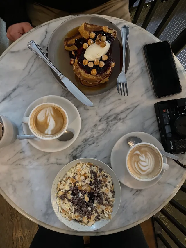 Brunch dishes and coffee photographed from above